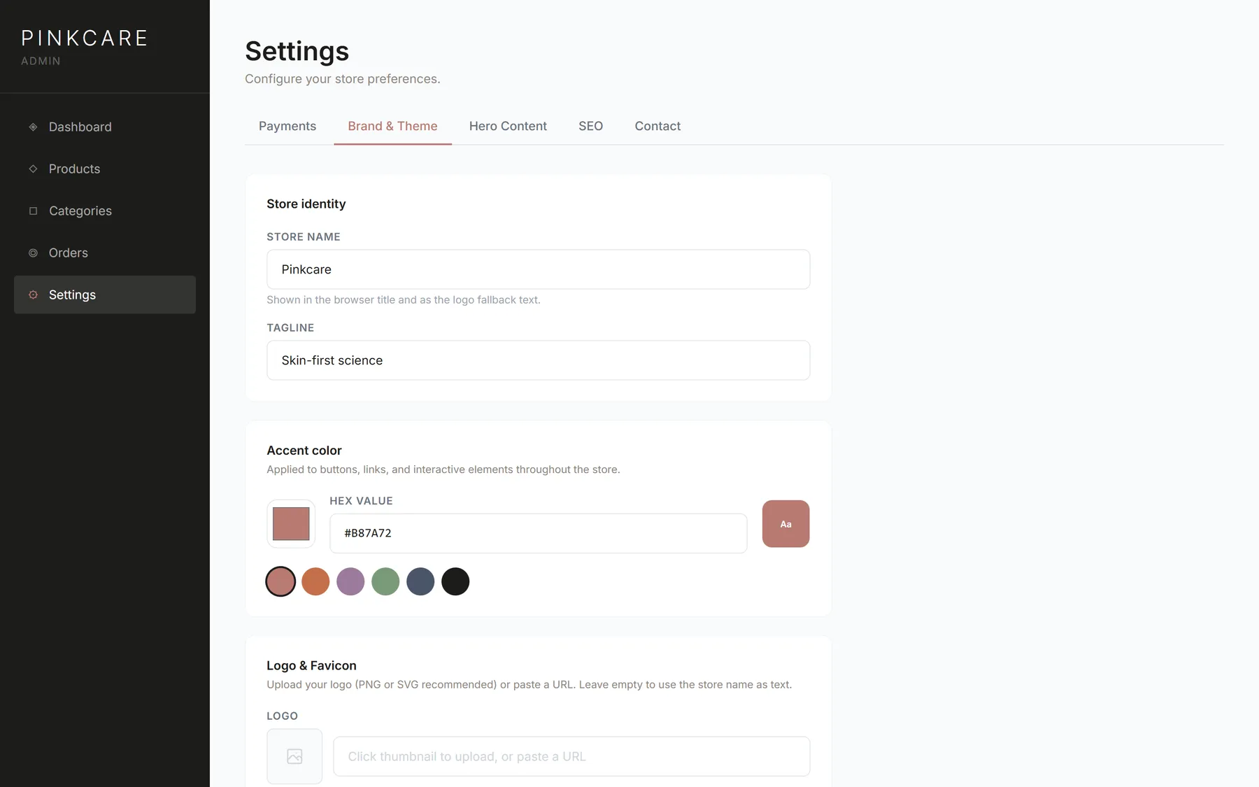 Brand and theme settings: name, accent colour, logo and favicon
