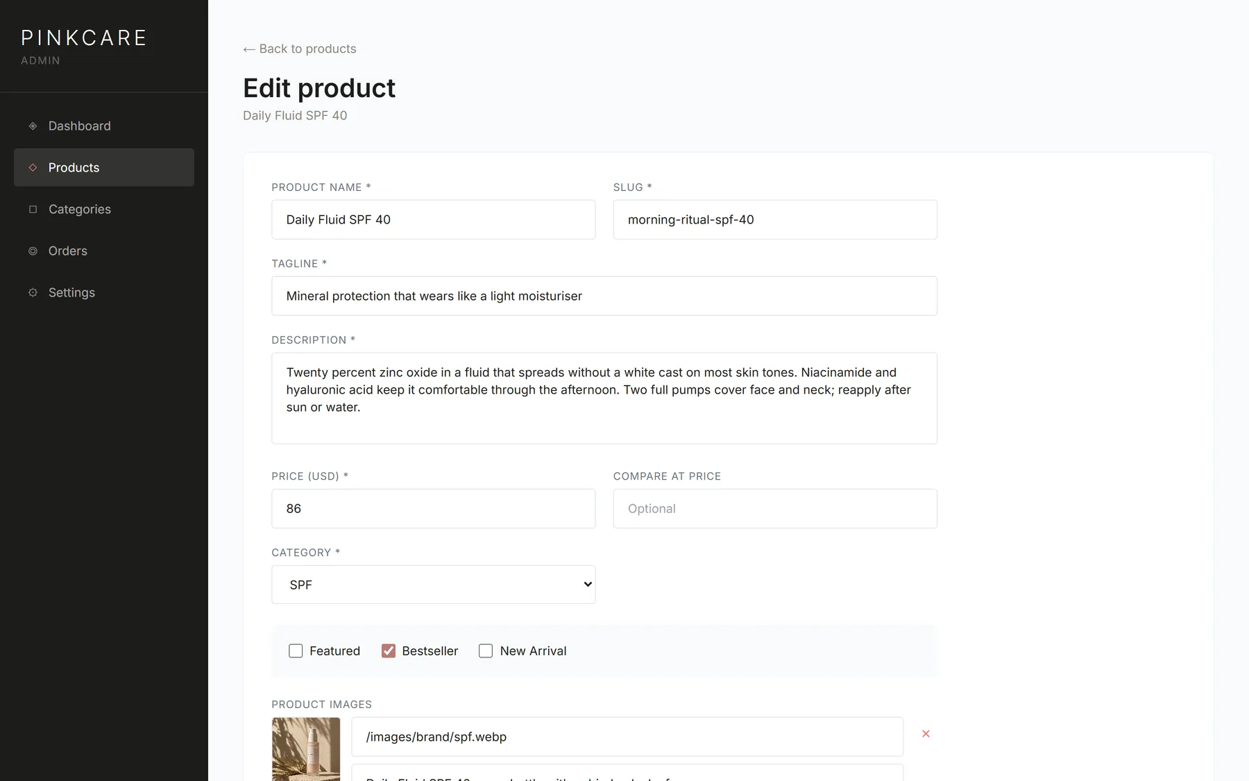Editing a product, its images and variants
