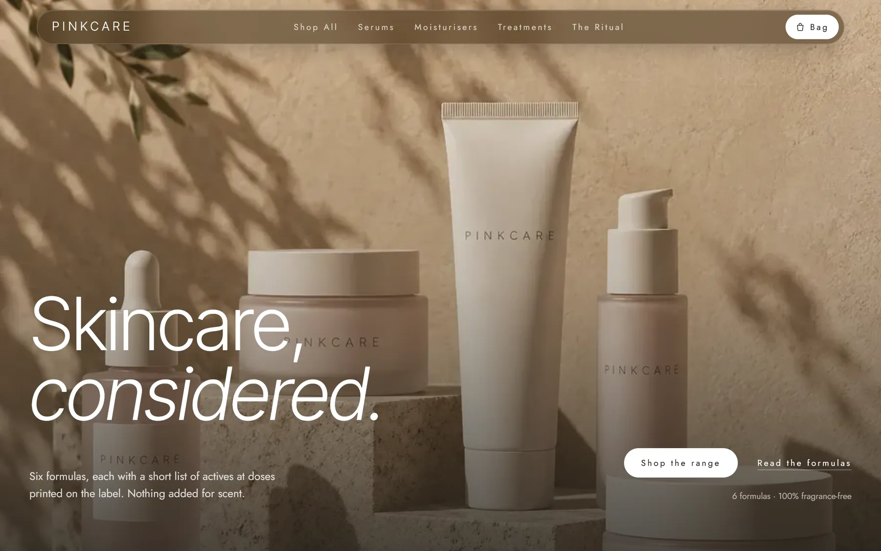 Pinkcare storefront home page with a full-bleed product photo