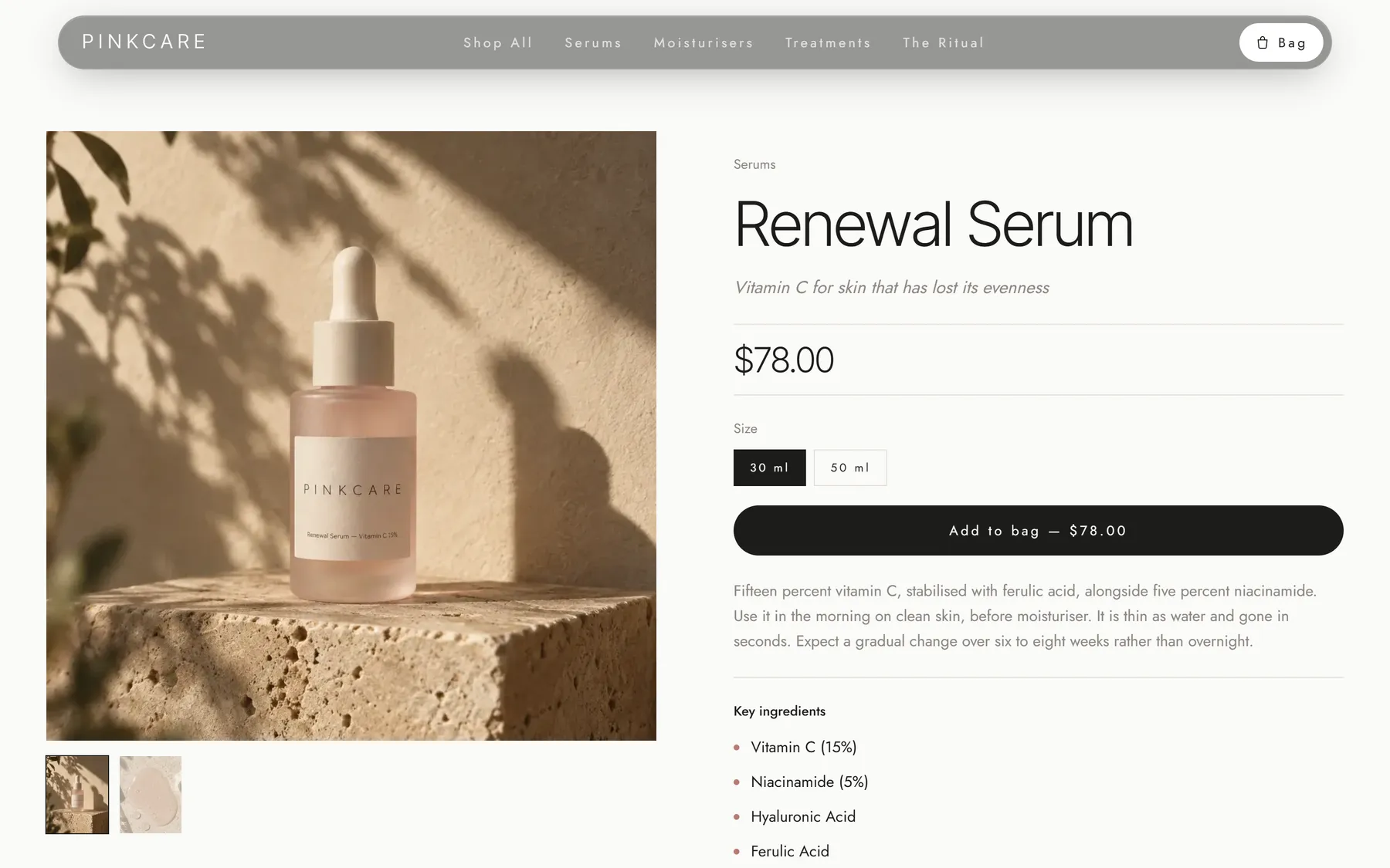 Product page with size variants, ingredients and reviews